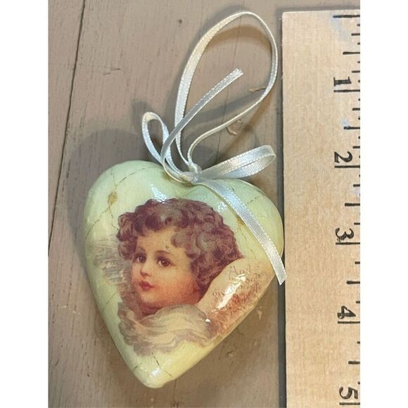 Midwest Imports Victorian Angel Paper Mache Hanging Ornament Heart Shaped Cream - Picture 2 of 3